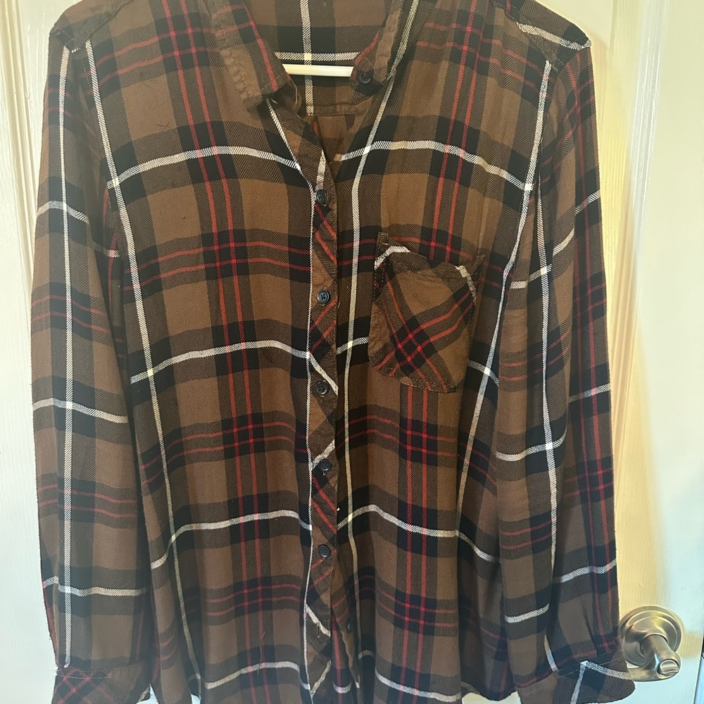 beachlunchlounge Brown and Red Plaid Shirt XL